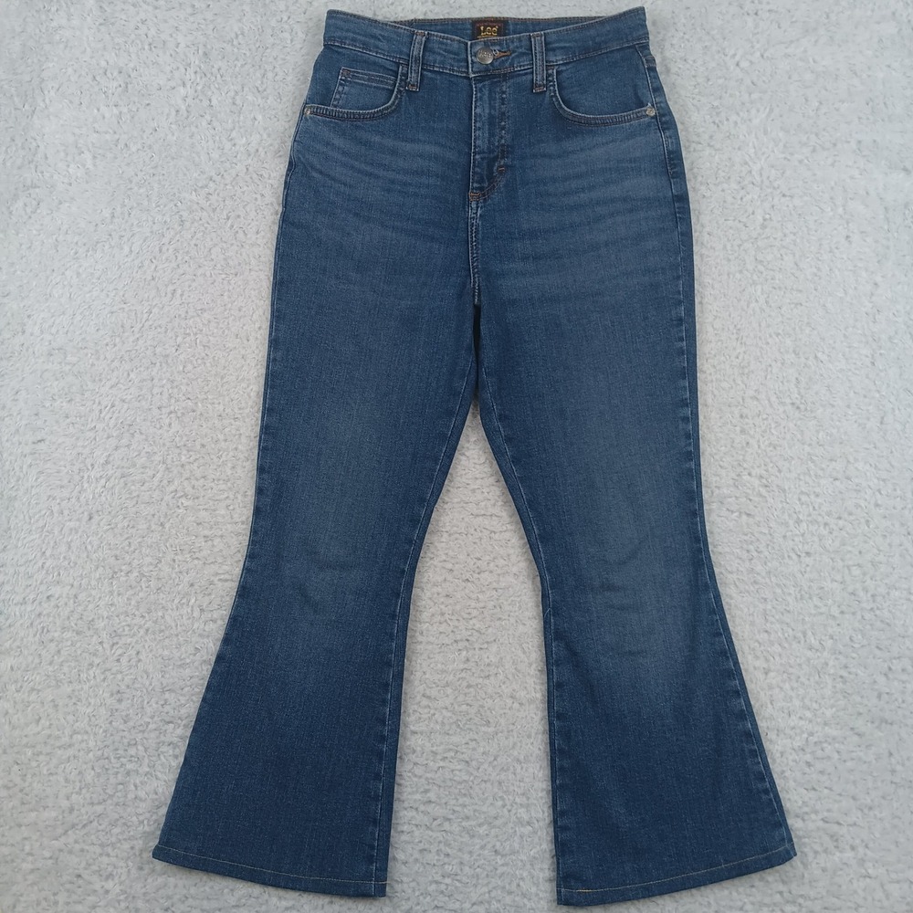 Lee Jean Flare 6S Blue High Rise Cropped Medium Wash Stretch Denim